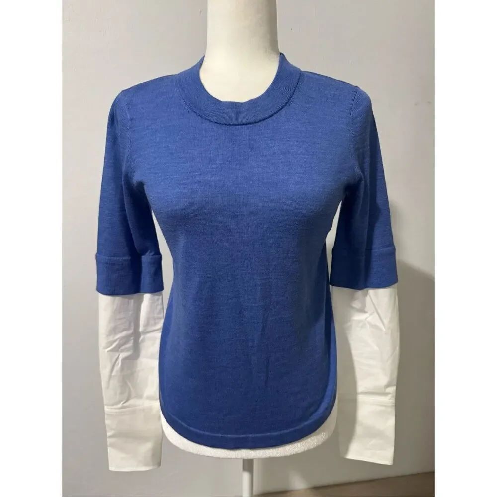Veranica Beared blue white crew neck sweater top Merino Wool XS